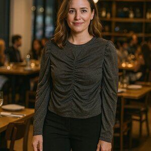 Rebecca Taylor Lurex Metallic Silver Ruched Blouse L Large Glitter Top Evening